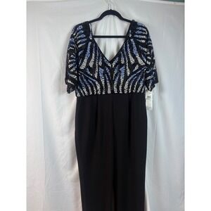 New Black Beaded Top  Crepe V Neck Short Sleeve Jumpsuit Elegant Evening Size 14